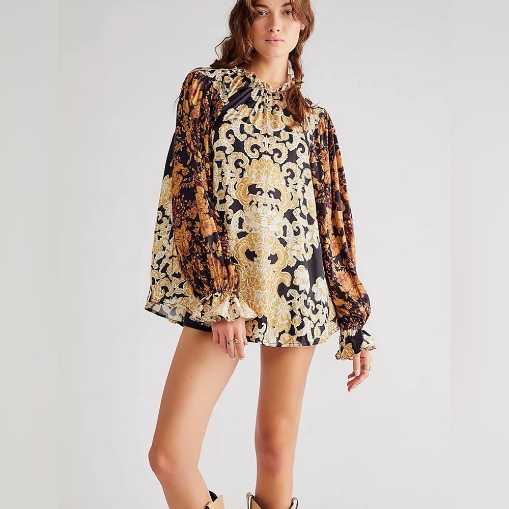 Free People Rhythm In The Night Tunic OB1600230 Satin Printed Ruffles Keyhole